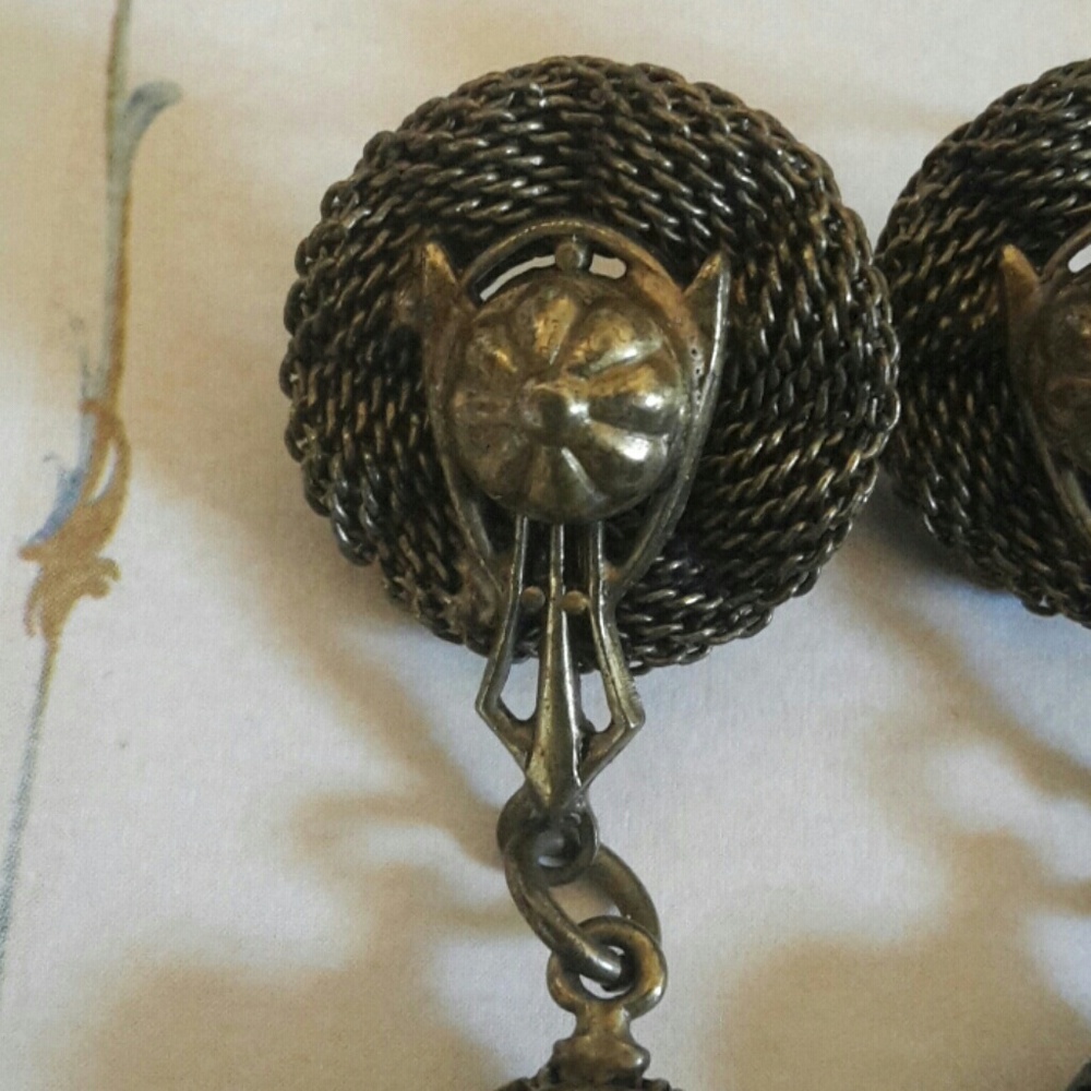 Antique Brass Mesh Drop Dangle Earring's Quartz - Picture 4 of 8